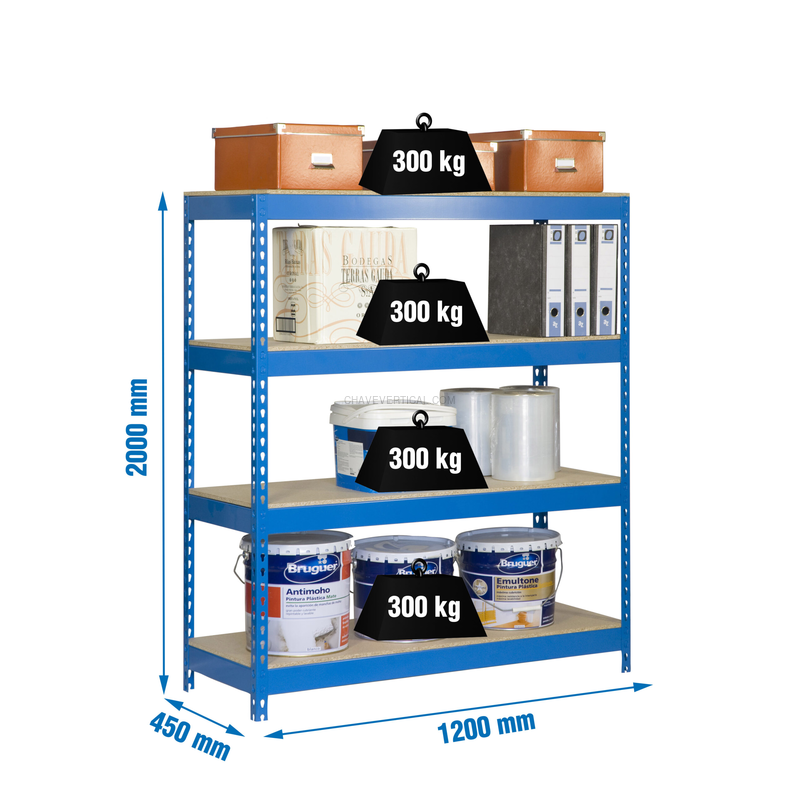 Estante Metálica BRICOFORTE 1204-4 Aglomerado AZUL/Madeira - 2000 x 1200 x 450 mm