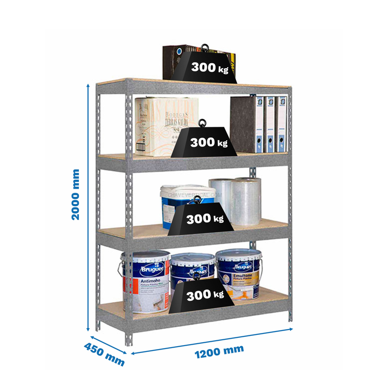 Estante Metálica BRICOFORTE 1204-4 Aglomerado Galvanizado/Madeira - 2000 x 1200 x 450 mm