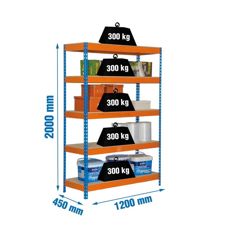 Estante Metálica BRICOFORTE 1204-5 Aglomerado Azul/Laranja/Madeira - 2000 x 1200 x 450 mm