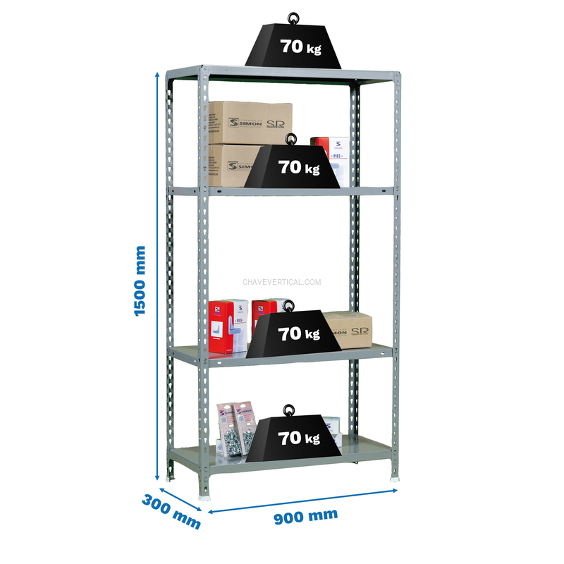 Estante Metálica ECOCLICK 4/300 1500 Cinzento - 1500 x 900 x 300 mm
