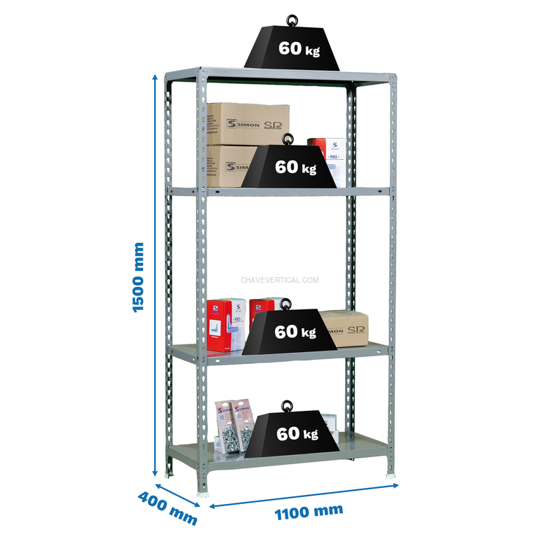 Estante Metálica ECOCLICK SUPERPLUS 4/400 1500 Cinzento - 1500 x 1100 x 400 mm