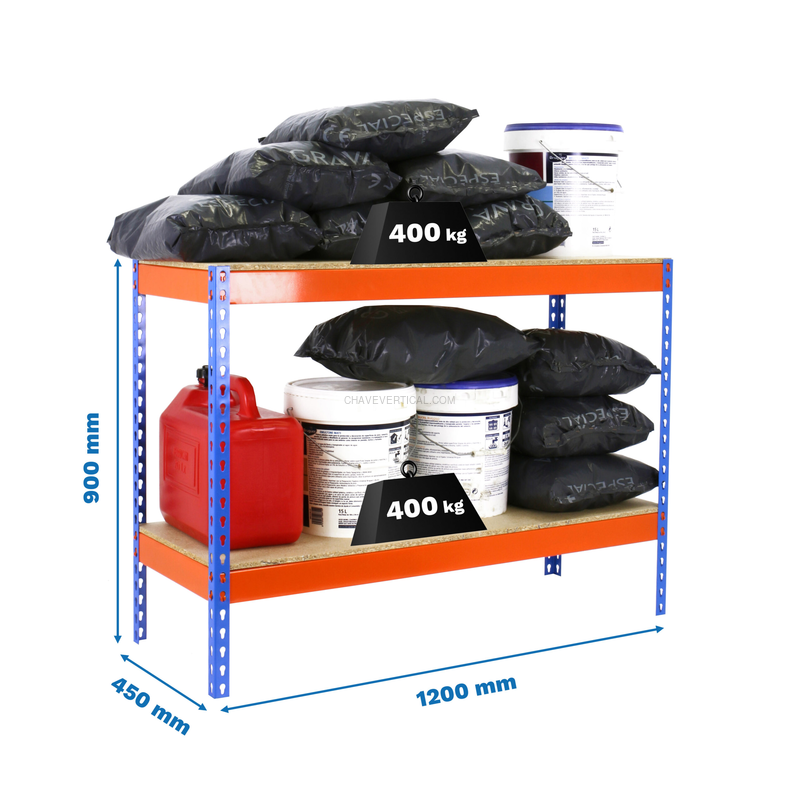 Estante Metálica ECOFORTE 1204-2 Aglomerado 900 Azul/Laranja/Madeira - 900 x 1200 x 450 mm