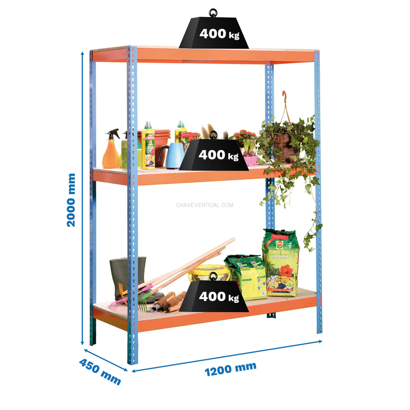 Estante Metálica ECOFORTE 1204-3 AZUL/Laranja - 2000 x 1200 x 450 mm