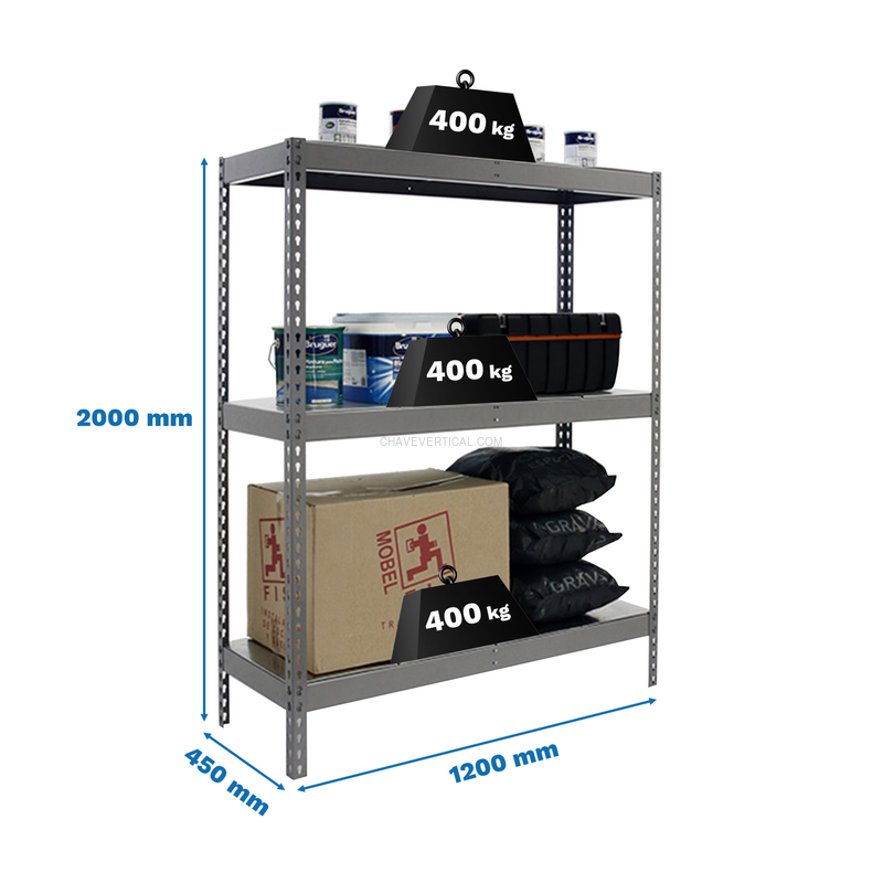 Estante Metálica ECOFORTE 1204-3 METAL Cinzento/Galvanizado - 2000 x 1200 x 450 mm