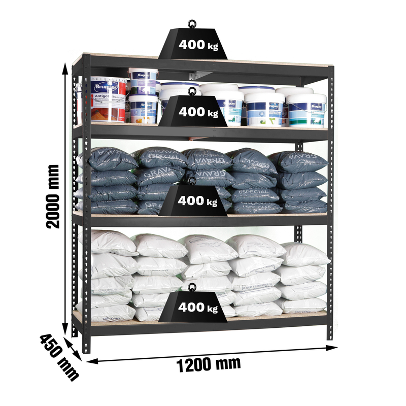 Estante Metálica ECOFORTE 1204-4 Aglomerado Antracite/Madeira - 2000 x 1200 x 450 mm