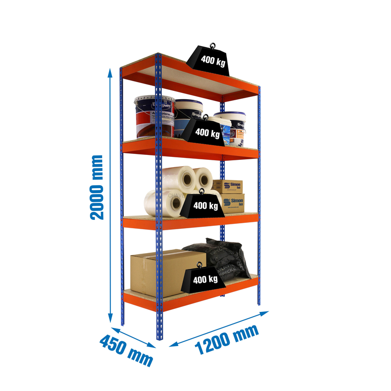 Estante Metálica ECOFORTE 1204-4 Aglomerado Azul/Laranja/Madeira - 2000 x 1200 x 450 mm