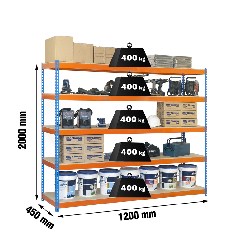 Estante Metálica ECOFORTE 1204-5 Aglomerado Azul/Laranja/Madeira - 2000 x 1200 x 450 mm