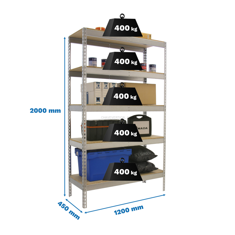 Estante Metálica ECOFORTE 1204-5 Aglomerado Galvanizado/Madeira - 2000 x 1200 x 450 mm