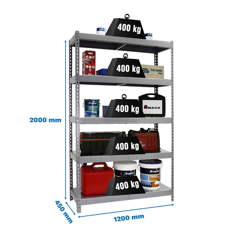 Estante Metálica ECOFORTE 1204-5 METAL Cinzento/Galvanizado - 2000 x 1200 x 450 mm