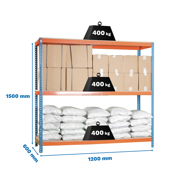 Estante Metálica ECOFORTE 1206-3 Aglomerado 1500 Azul/Laranja/Madeira - 1500 x 1200 x 600 mm