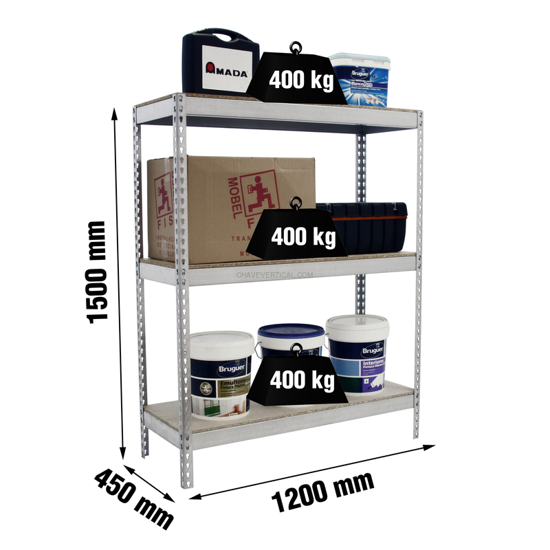 Estante Metálica ECOFORTE 1206-3 Aglomerado 1500 Galvanizado/Madeira - 1500 x 1200 x 600 mm