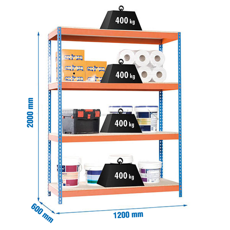 Estante Metálica ECOFORTE 1206-4 Aglomerado Azul/Laranja/Madeira - 2000 x 1200 x 600 mm