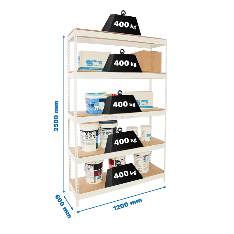 Estante Metálica ECOFORTE 1206-5 Aglomerado 2500 Branco/Madeira - 2500 x 1200 x 600 mm