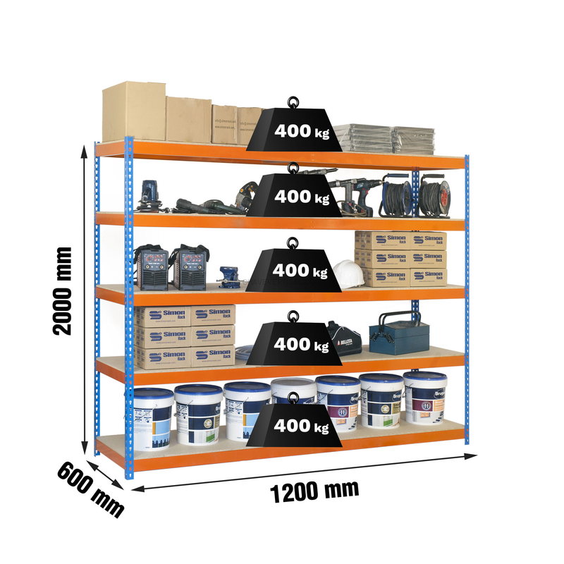 Estante Metálica ECOFORTE 1206-5 Aglomerado Azul/Laranja/Madeira - 2000 x 1200 x 600 mm