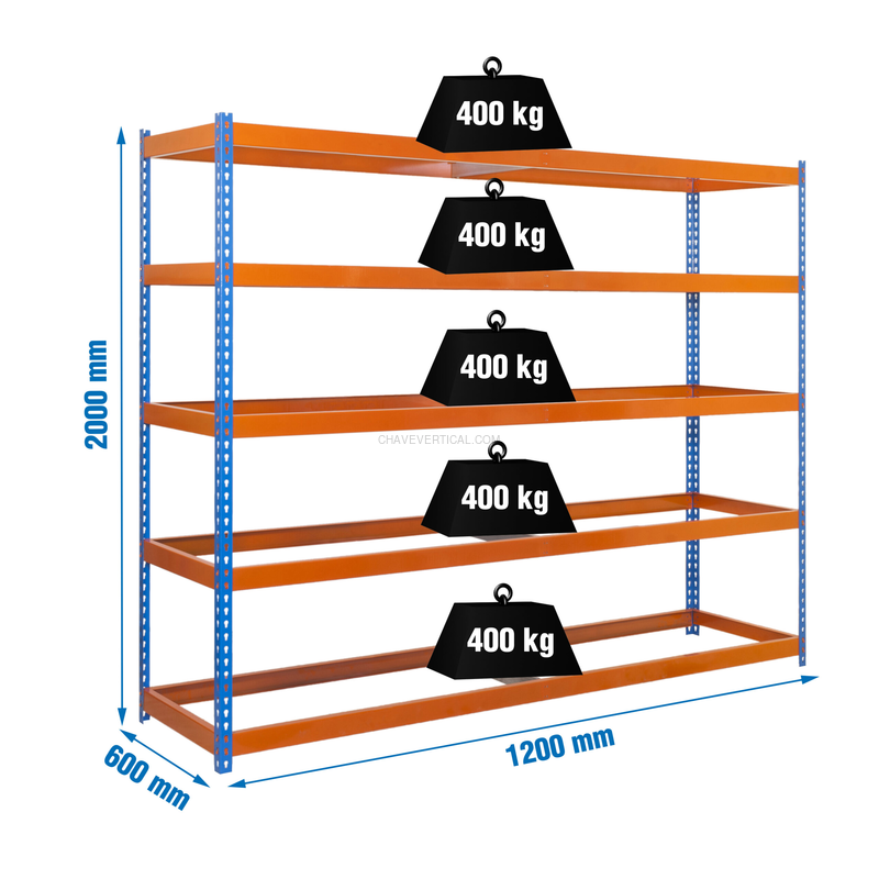 Estante Metálica ECOFORTE 1206-5 AZUL/Laranja - 2000 x 1200 x 600 mm