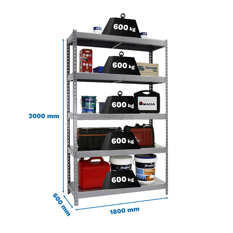 Estante Metálica ECOFORTE 1206-5 METAL Cinzento/Galvanizado - 2000 x 1200 x 600 mm