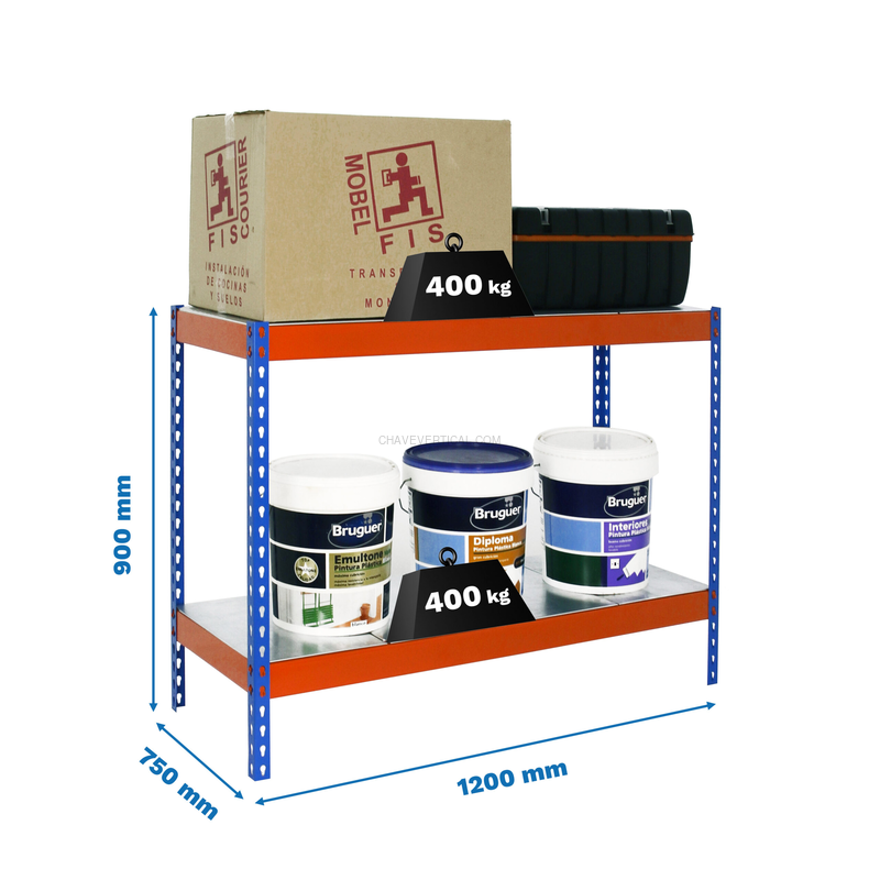 Estante Metálica ECOFORTE 1207-2 METAL 900 AZUL/Laranja/Galvanizado - 900 x 1200 x 750 mm