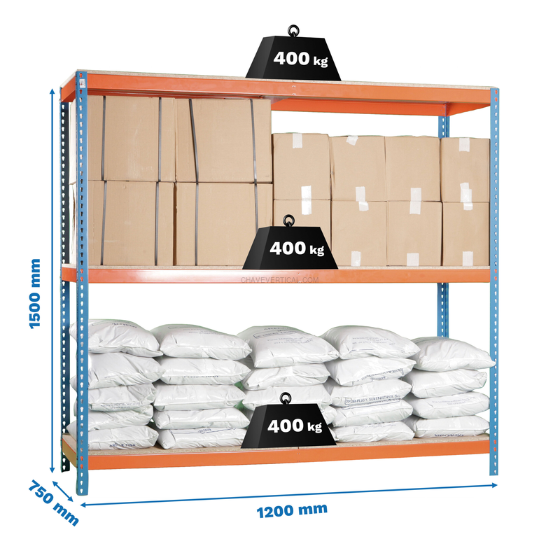Estante Metálica ECOFORTE 1207-3 Aglomerado 1500 Azul/Laranja/Madeira - 1500 x 1200 x 750 mm