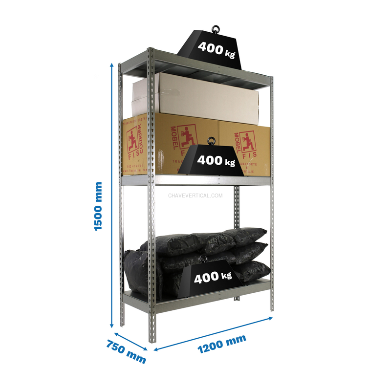 Estante Metálica ECOFORTE 1207-3 METAL 1500 Galvanizado/Galvanizado - 1500 x 1200 x 750 mm