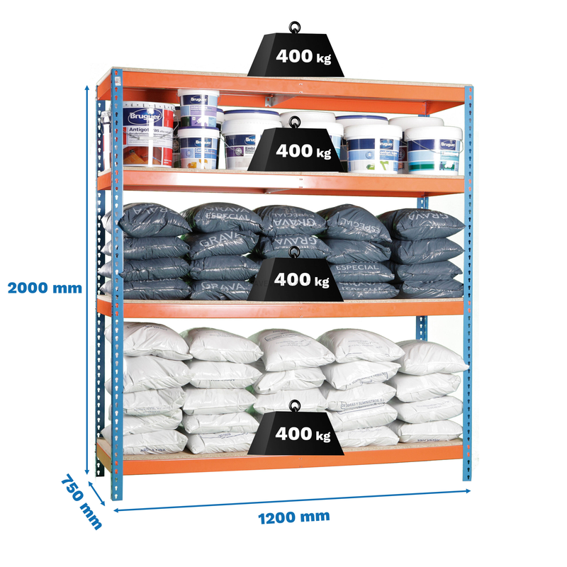 Estante Metálica ECOFORTE 1207-4 Aglomerado Azul/Laranja/Madeira - 2000 x 1200 x 750 mm