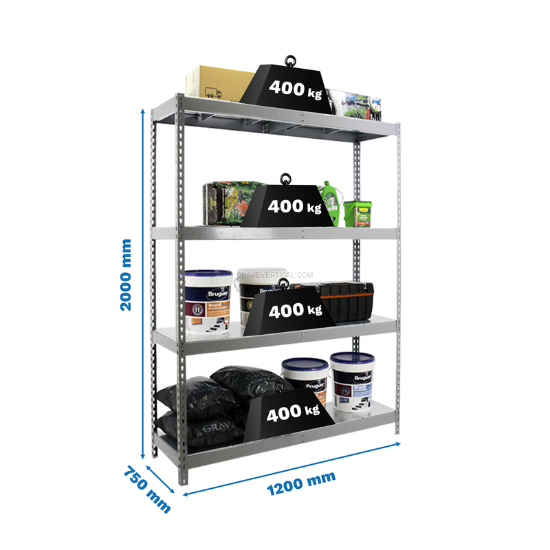 Estante Metálica ECOFORTE 1207-4 METAL Cinzento/Galvanizado - 2000 x 1200 x 750 mm