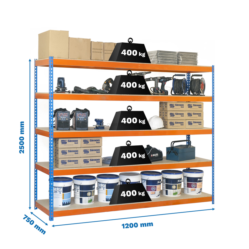 Estante Metálica ECOFORTE 1207-5 Aglomerado 2500 Azul/Laranja/Madeira - 2500 x 1200 x 750 mm