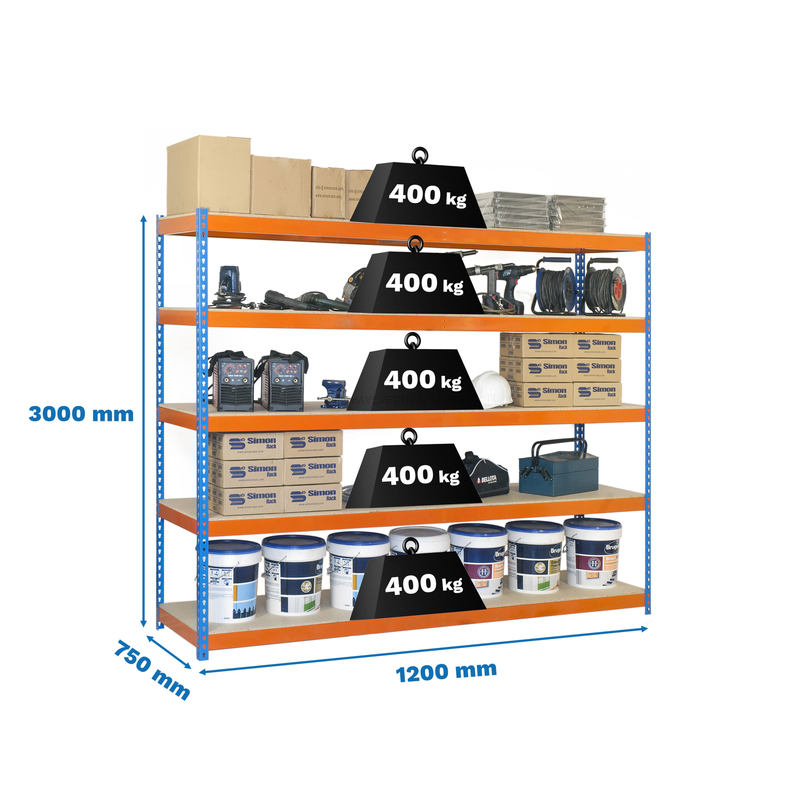 Estante Metálica ECOFORTE 1207-5 Aglomerado 3000 Azul/Laranja/Madeira - 3000 x 1200 x 750 mm