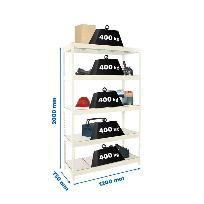 Estante Metálica ECOFORTE 1207-5 METAL Branco/Galvanizado - 2000 x 1200 x 750 mm