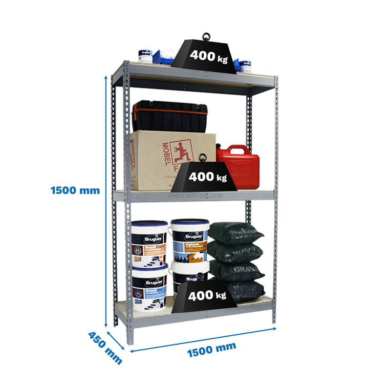 Estante Metálica ECOFORTE 1504-3 Aglomerado 1500 Cinzento/Madeira - 1500 x 1500 x 450 mm