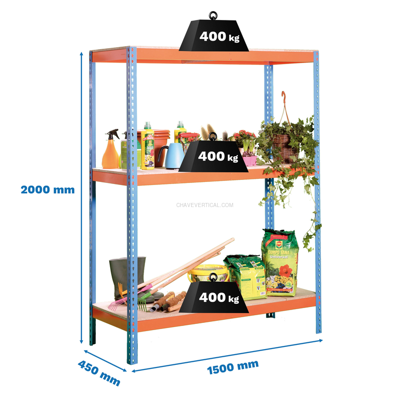 Estante Metálica ECOFORTE 1504-3 AZUL/Laranja - 2000 x 1500 x 450 mm