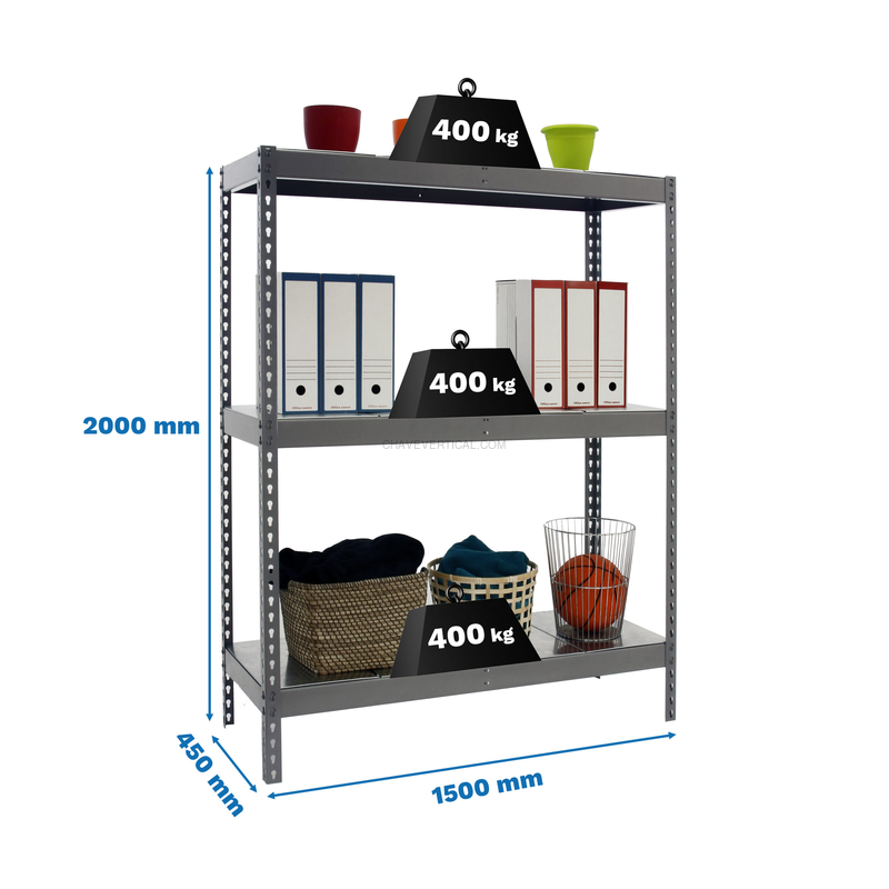 Estante Metálica ECOFORTE 1504-3 METAL Cinzento/Galvanizado - 2000 x 1500 x 450 mm
