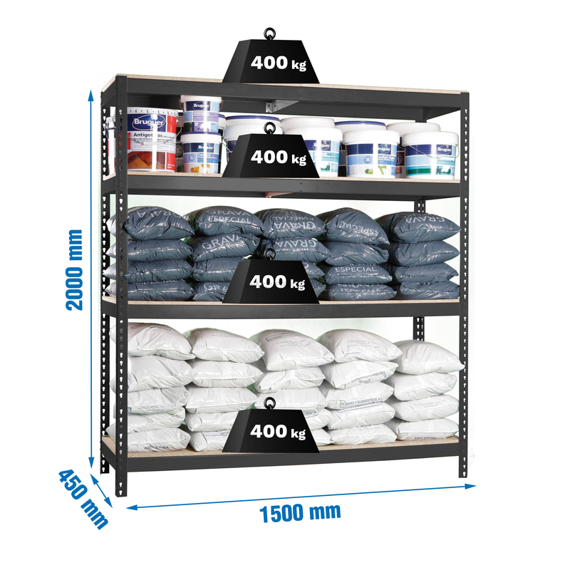 Estante Metálica ECOFORTE 1504-4 Aglomerado Antracite/Madeira - 2000 x 1500 x 450 mm