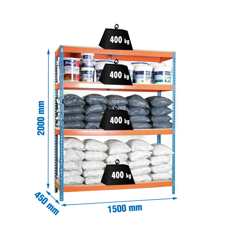 Estante Metálica ECOFORTE 1504-4 Aglomerado Azul/Laranja/Madeira - 2000 x 1500 x 450 mm
