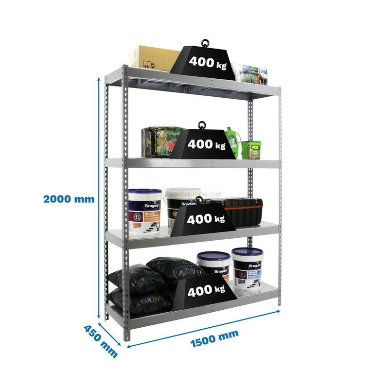 Estante Metálica ECOFORTE 1504-4 METAL Cinzento/Galvanizado - 2000 x 1500 x 450 mm