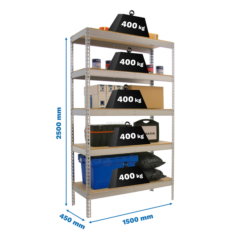Estante Metálica ECOFORTE 1504-5 Aglomerado 2500 Galvanizado/Madeira - 2500 x 1500 x 450 mm