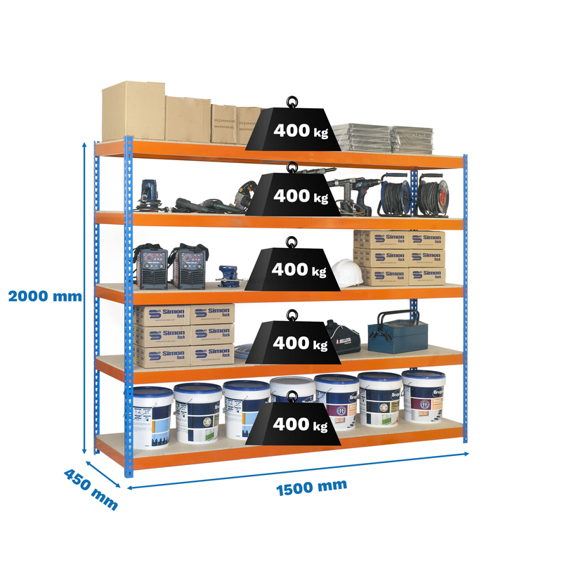 Estante Metálica ECOFORTE 1504-5 Aglomerado Azul/Laranja/Madeira - 2000 x 1500 x 450 mm