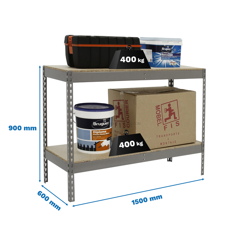 Estante Metálica ECOFORTE 1506-2 Aglomerado 900 Cinzento/Madeira - 900 x 1500 x 600 mm