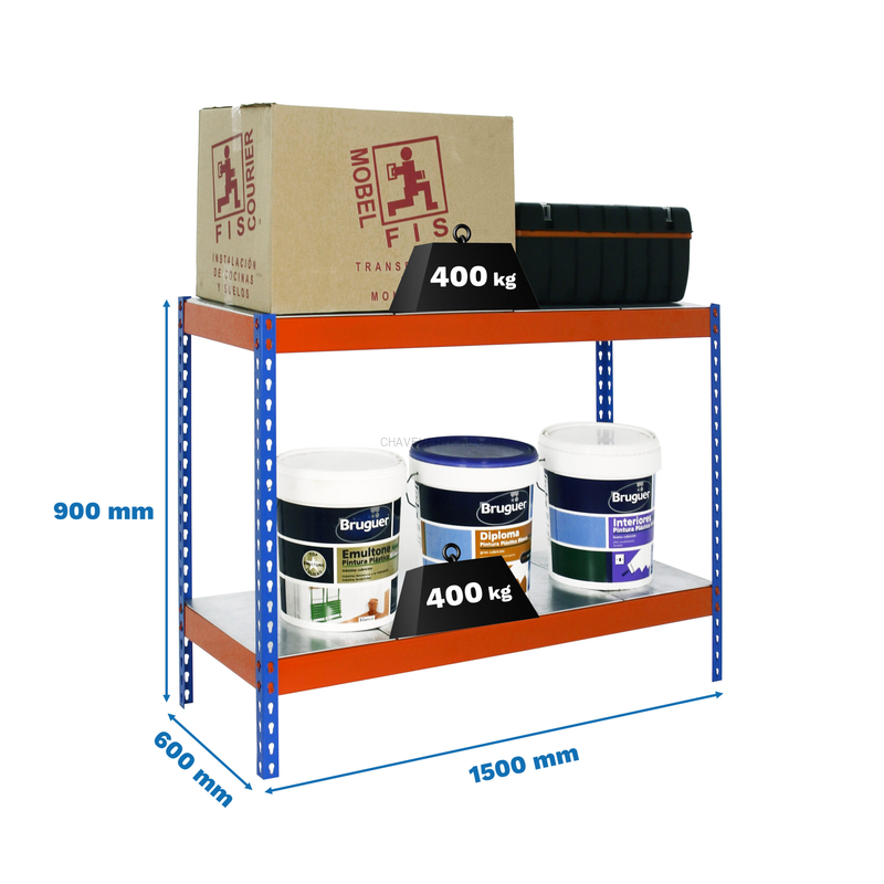 Estante Metálica ECOFORTE 1506-2 METAL 900 AZUL/Laranja/Galvanizado - 900 x 1500 x 600 mm