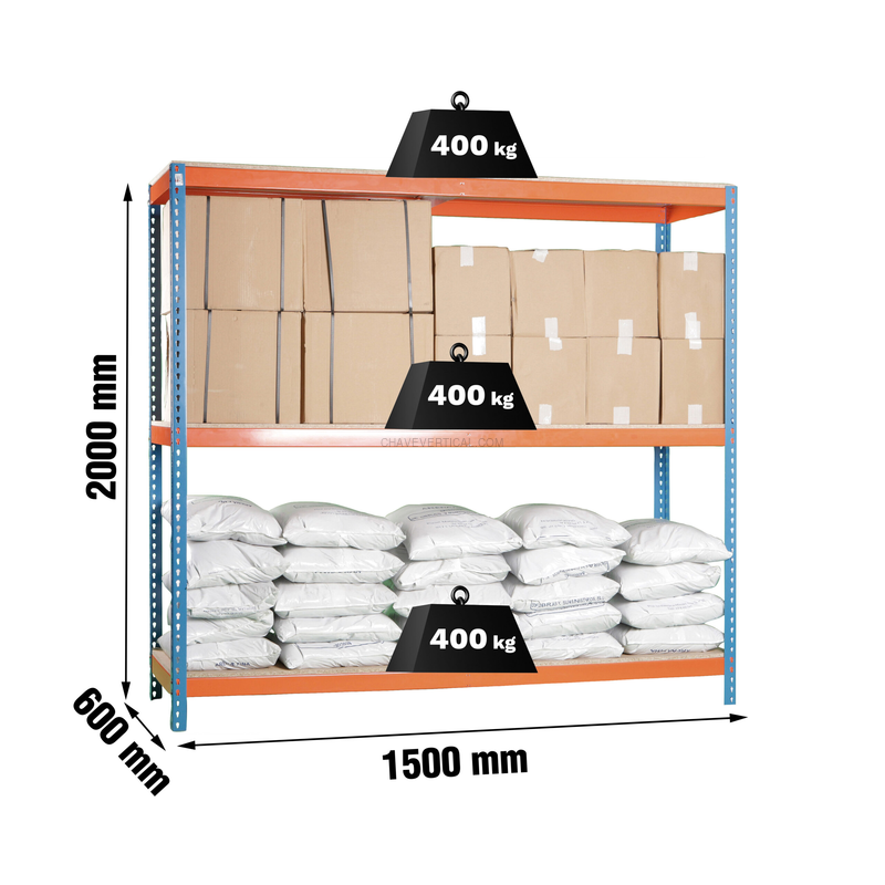 Estante Metálica ECOFORTE 1506-3 Aglomerado Azul/Laranja/Madeira - 2000 x 1500 x 600 mm