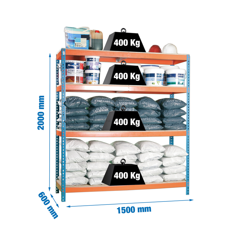 Estante Metálica ECOFORTE 1506-4 Aglomerado Azul/Laranja/Madeira - 2000 x 1500 x 600 mm