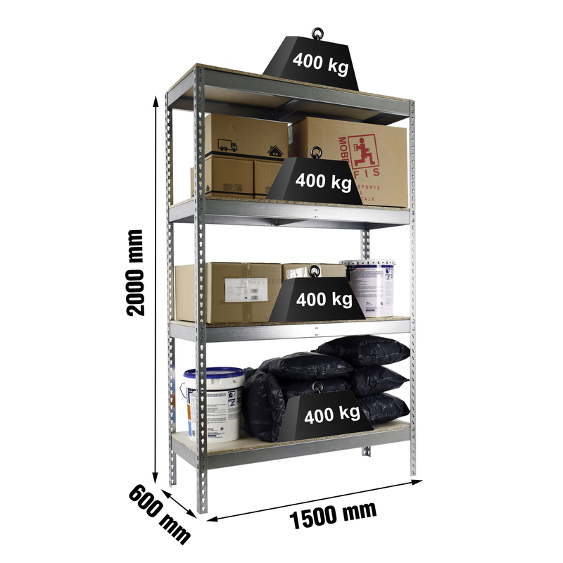 Estante Metálica ECOFORTE 1506-4 Aglomerado Galvanizado/Madeira - 2000 x 1500 x 600 mm