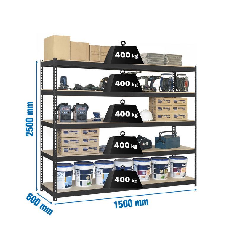 Estante Metálica ECOFORTE 1506-5 Aglomerado 2500 Antracite/Madeira - 2500 x 1500 x 600 mm