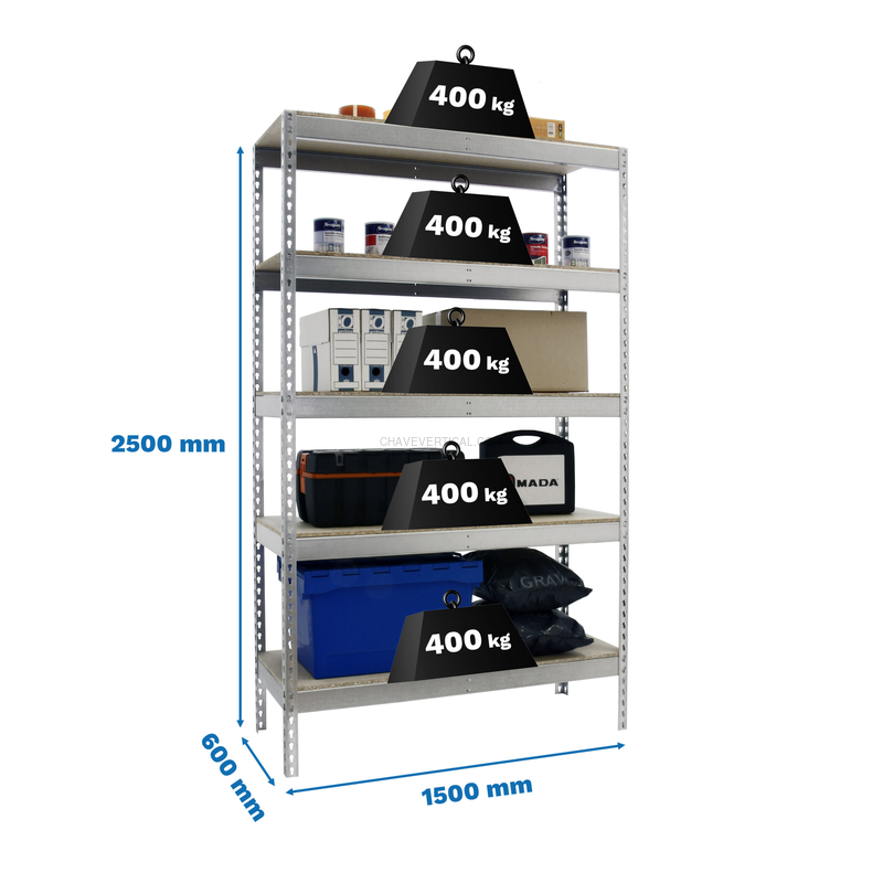 Estante Metálica ECOFORTE 1506-5 Aglomerado 2500 Galvanizado/Madeira - 2500 x 1500 x 600 mm