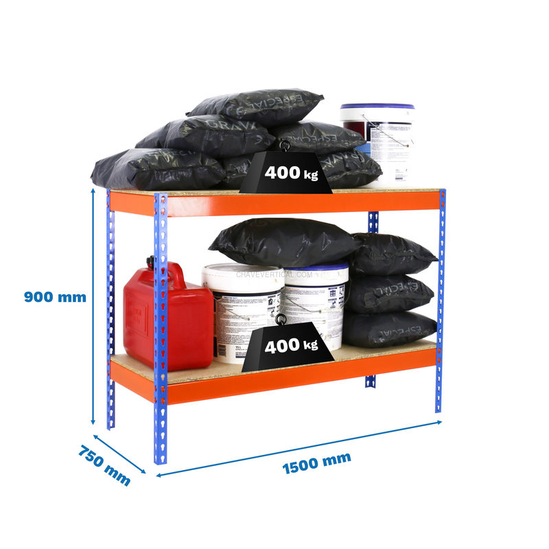 Estante Metálica ECOFORTE 1507-2 Aglomerado 900 Azul/Laranja/Madeira - 900 x 1500 x 750 mm