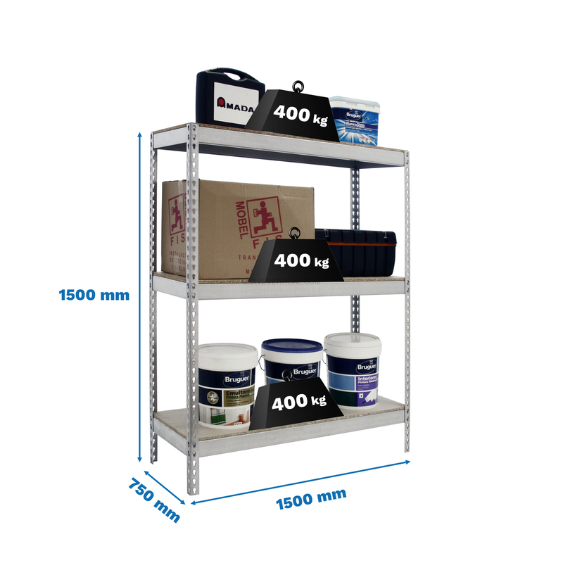 Estante Metálica ECOFORTE 1507-3 Aglomerado 1500 Galvanizado/Madeira - 1500 x 1500 x 750 mm