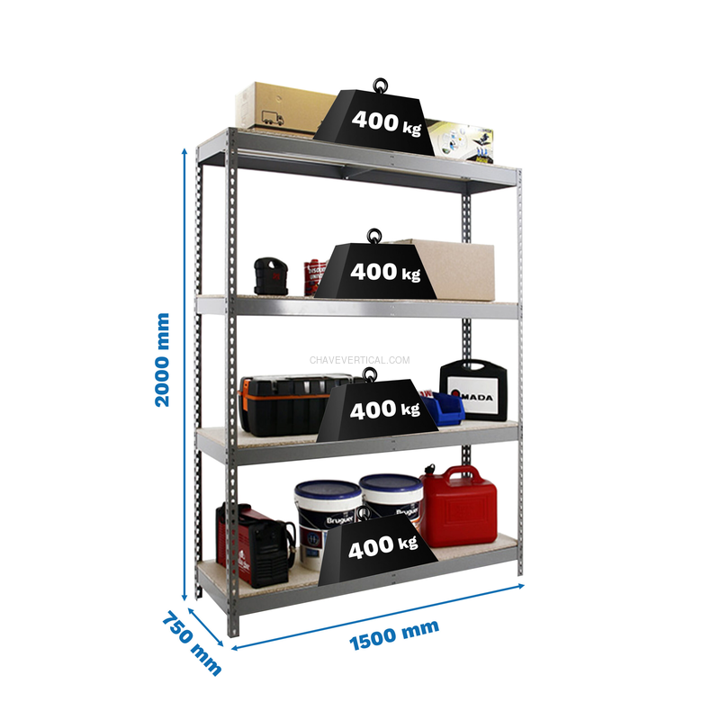 Estante Metálica ECOFORTE 1507-4 Aglomerado Cinzento - 2000 x 1500 x 750 mm