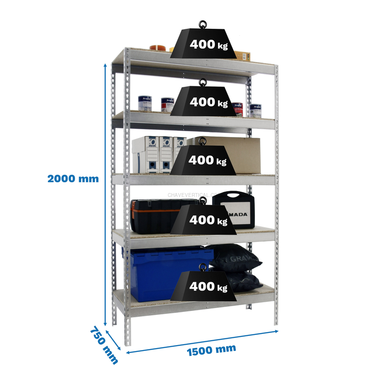 Estante Metálica ECOFORTE 1507-5 Aglomerado Galvanizado/Madeira - 2000 x 1500 x 750 mm