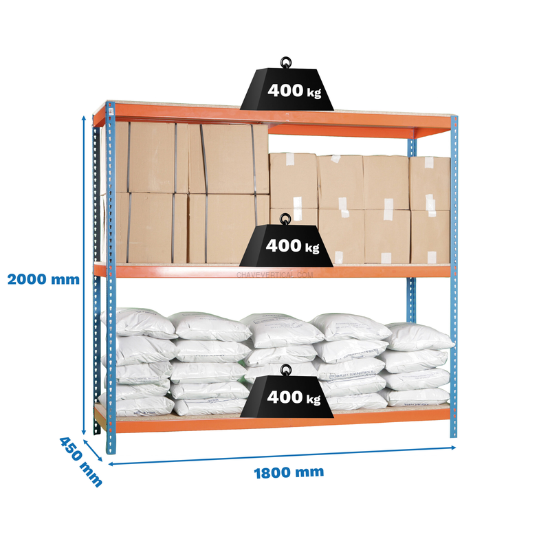 Estante Metálica ECOFORTE 1804-3 Aglomerado Azul/Laranja/Madeira - 2000 x 1800 x 450 mm