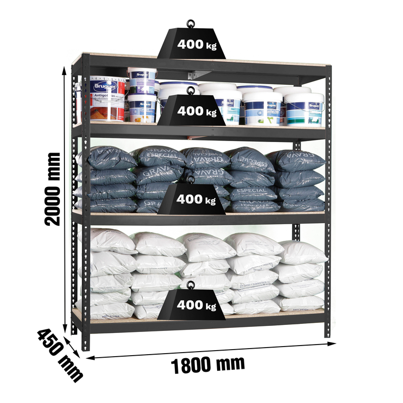Estante Metálica ECOFORTE 1804-4 Aglomerado Antracite/Madeira - 2000 x 1800 x 450 mm