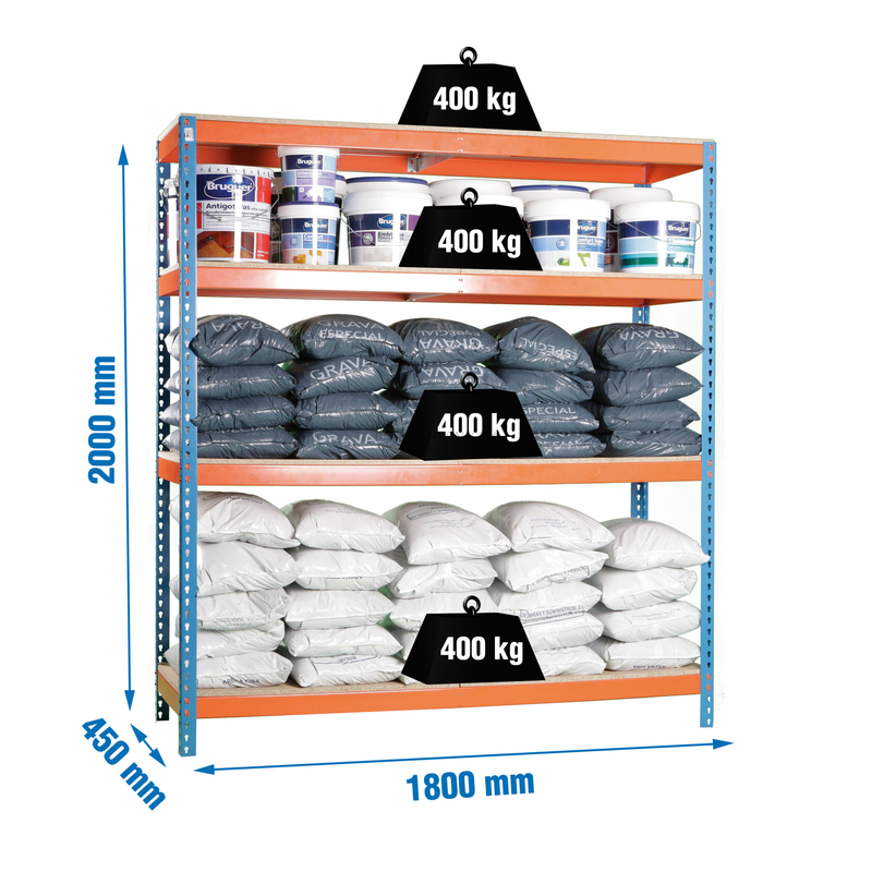 Estante Metálica ECOFORTE 1804-4 Aglomerado Azul/Laranja/Madeira - 2000 x 1800 x 450 mm